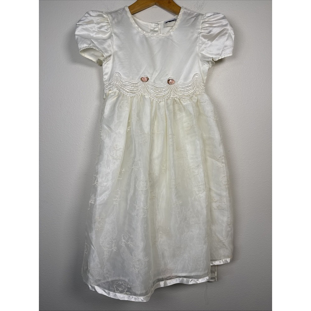 Vintage Stone Gear Christening Wedding size 7 dress Lace- Flower - Satin Ivory